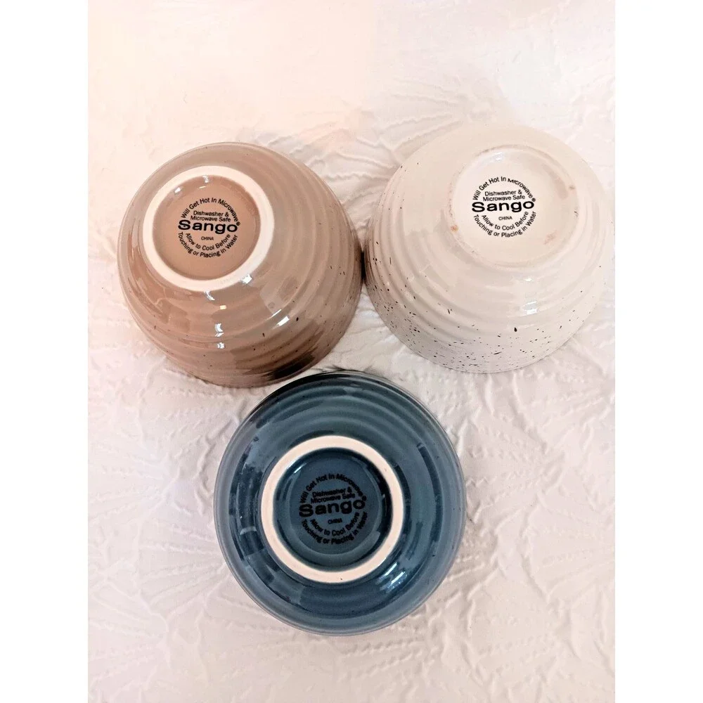 Sango China Artist’s Blend Stoneware Bowls Set of 3 Speckled Blue Tan Cream
